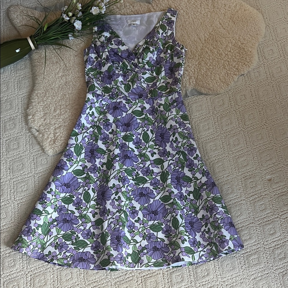 LOFT Purple and Green Floral Fit & Flare Dress